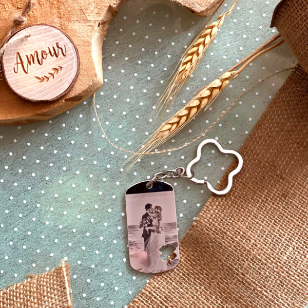 Keyring with clover and engraved photo Keyring with clover and engraved photo