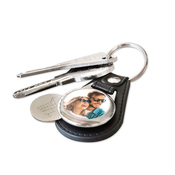 Leather photo keyring with shopping trolley token Leather photo keyring with shopping trolley token