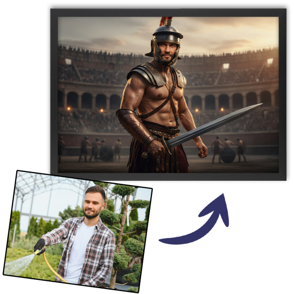 Portrait of a man transformed into historical figure Portrait of a man transformed into historical figure