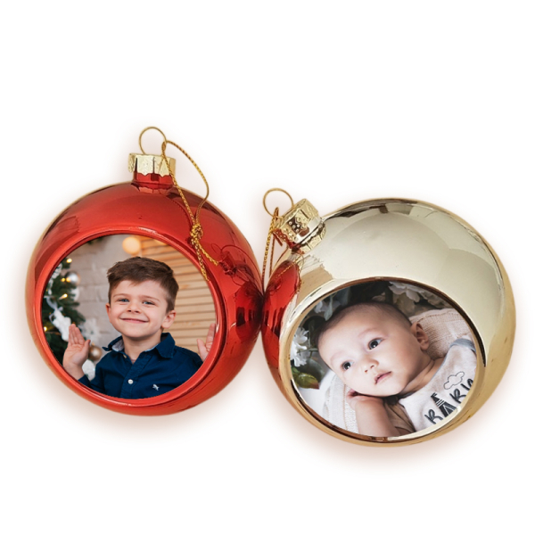 Red Christmas Bauble personalised with a photo duo Red Christmas Bauble personalised with a photo duo