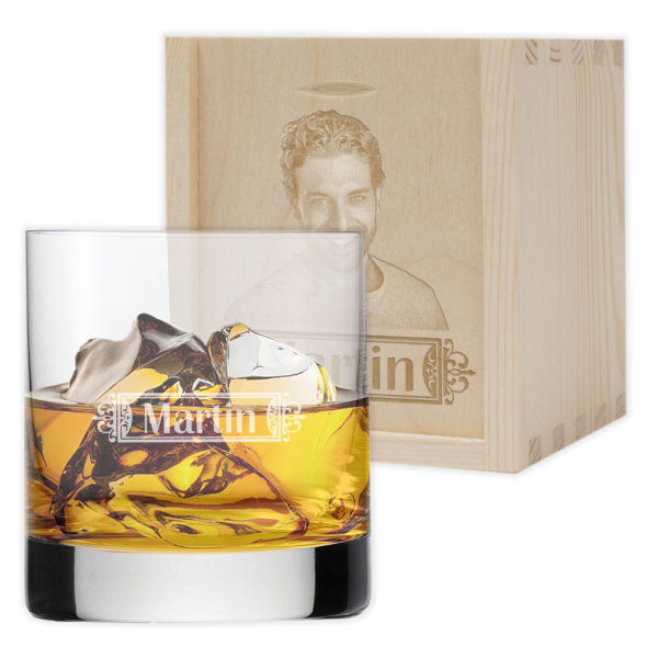 Whisky glass with first name and photo box Whisky glass with first name and photo box