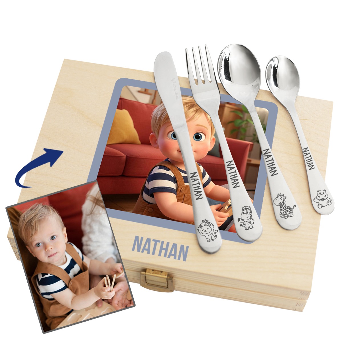 Children's cutlery set with photo transformed into cartoon style Children's cutlery set with photo transformed into cartoon style