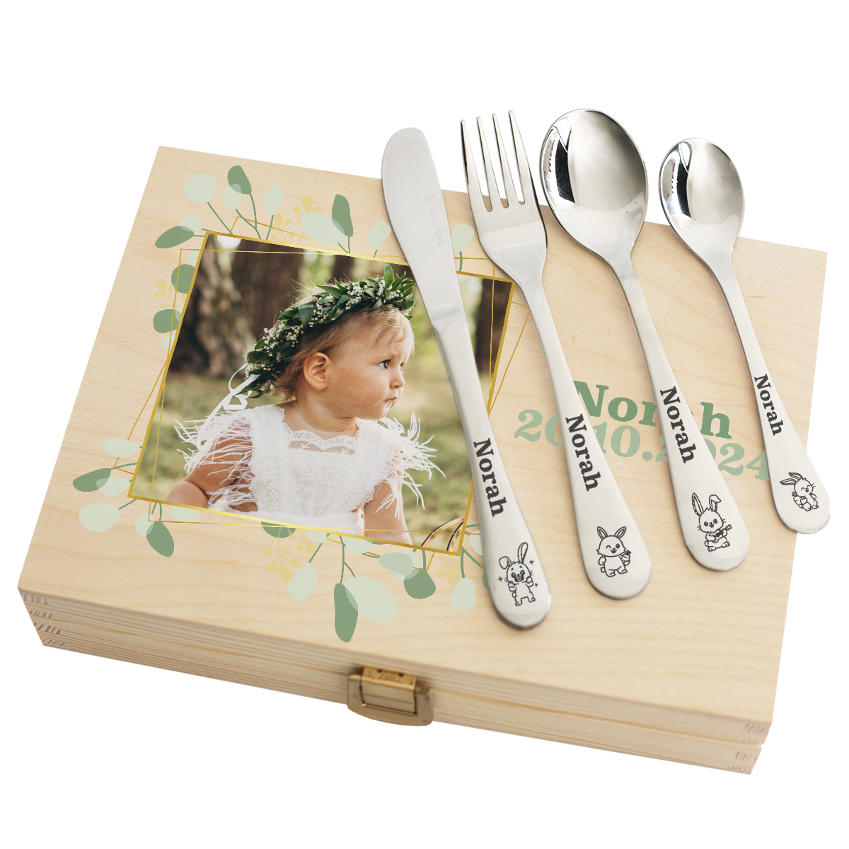 Personalised box with a photo and engraved cutlery Personalised box with a photo and engraved cutlery
