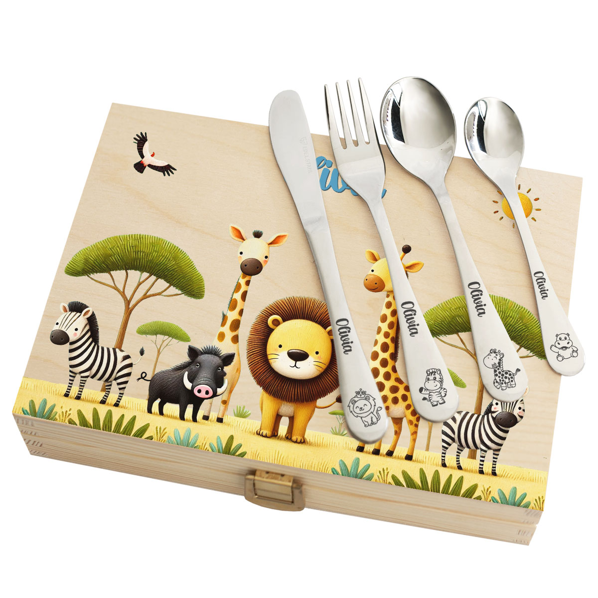 Personalised cutlery set Safari with print Personalised cutlery set Safari with print