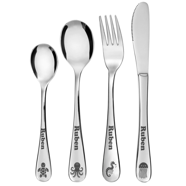 Children's cutlery set with ocean-printed box