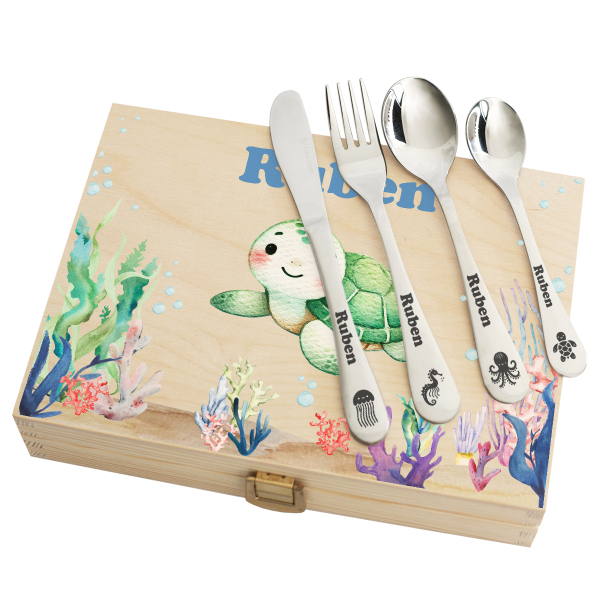 Children's cutlery set with ocean-printed box