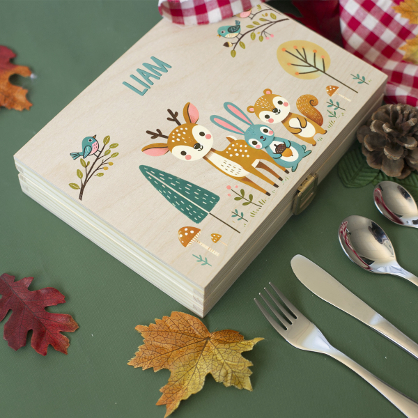 Children's cutlery with printed wooden box enchanted forest