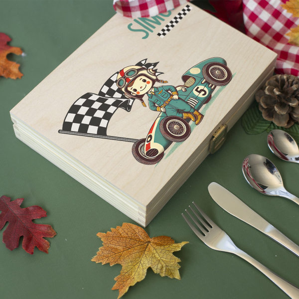 Cutlery in printed wooden box  Formula 1 Driver