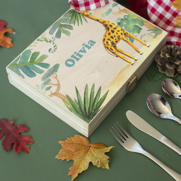 Personalized children's cutlery with printed wooden box savanna