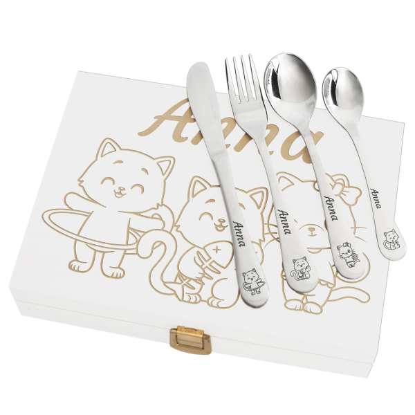 Children's cutlery in an engraved wooden box cats
