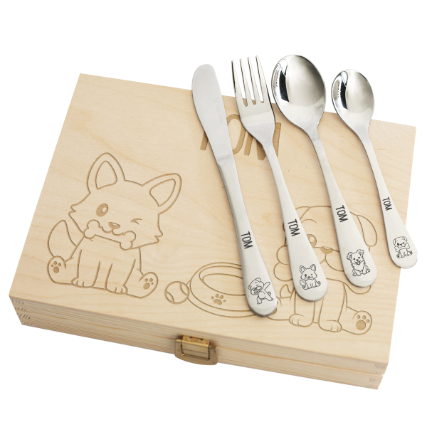Children's cutlery in an engraved wooden box dogs