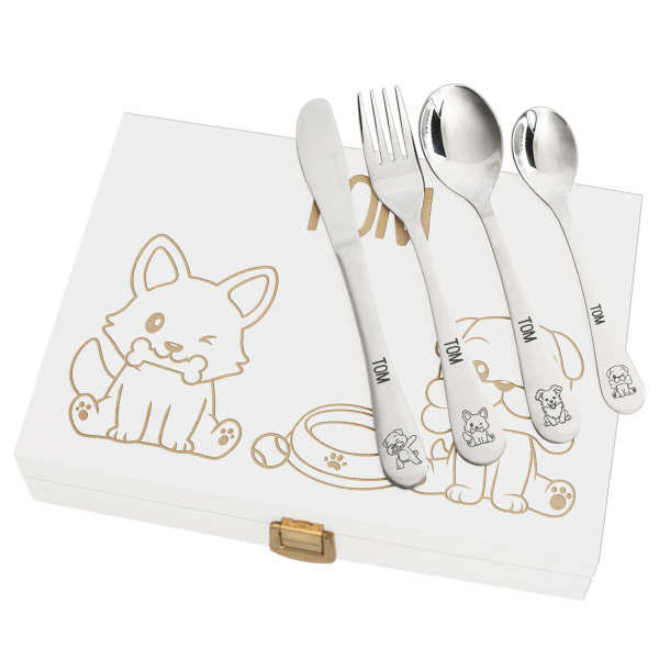 Children's cutlery in an engraved wooden box dogs