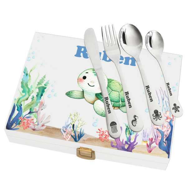 Children's cutlery set with ocean-printed box