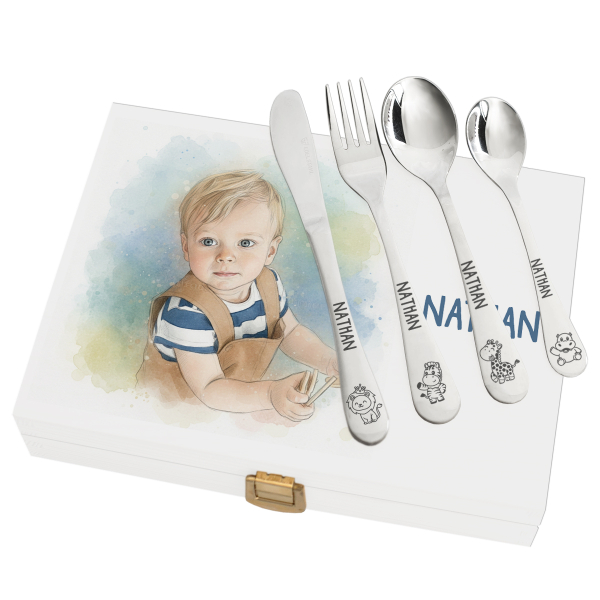 Children�s cutlery set with photo transformed into watercolour