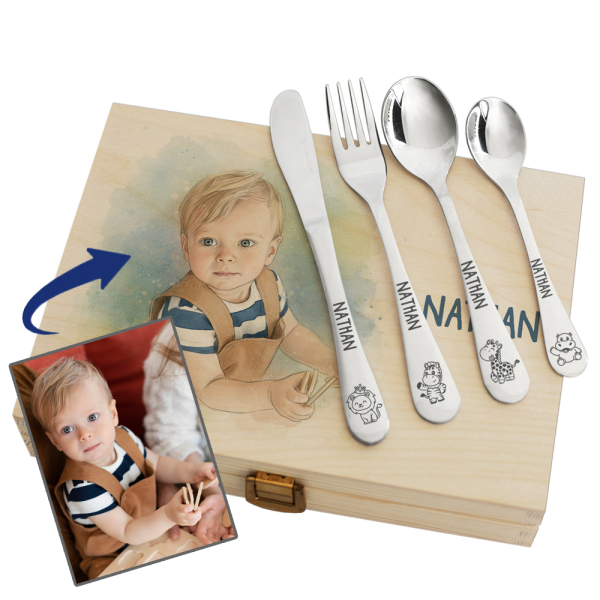 Children�s cutlery set with photo transformed into watercolour