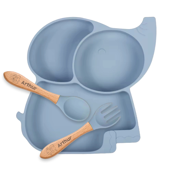 Elephant plate and engraved cutlery
