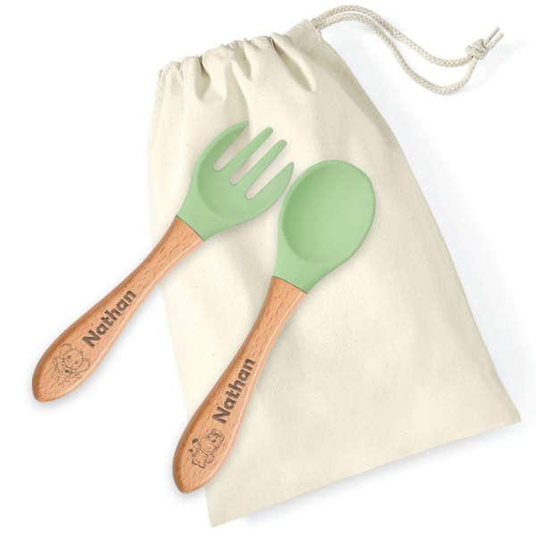 Engraved Savane baby cutlery in wood and silicone