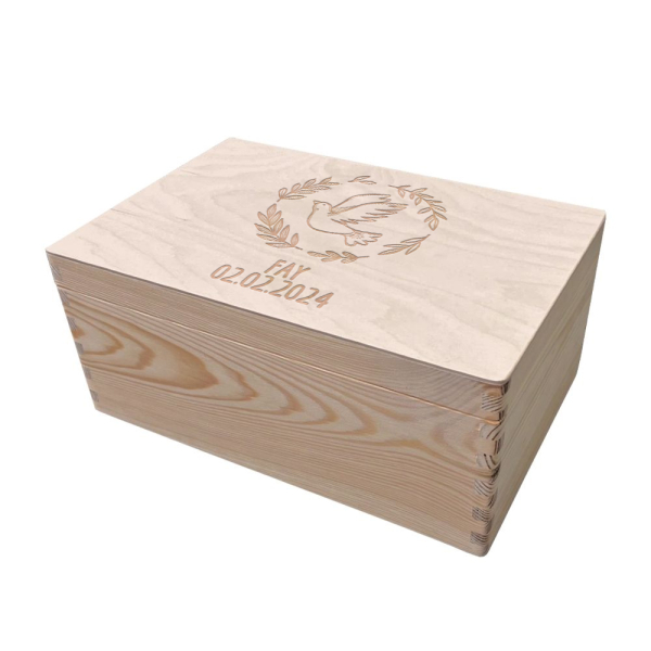 Engraved wooden keepsake box baptism dove
