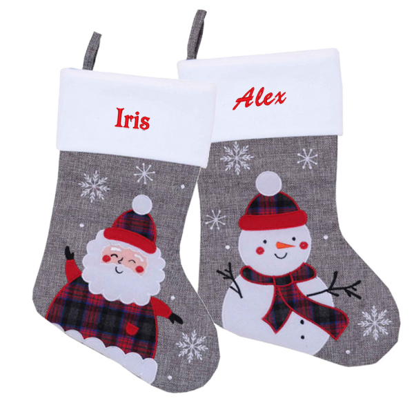 Embroidered grey Christmas stocking with linen effect embroidered