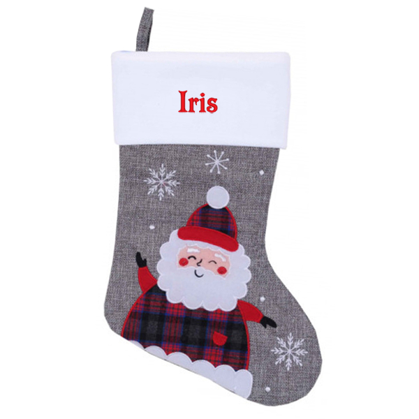 Embroidered grey Christmas stocking with linen effect embroidered