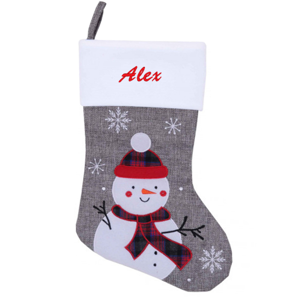 Embroidered grey Christmas stocking with linen effect embroidered