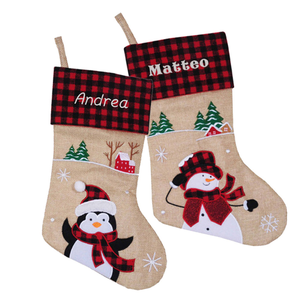 Personalised beige Christmas stocking with tartan pattern