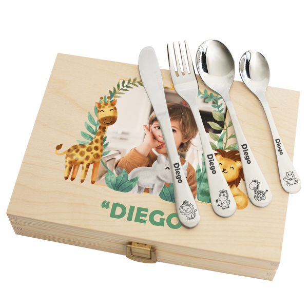 Personalised children's cutlery set Savanna with photo
