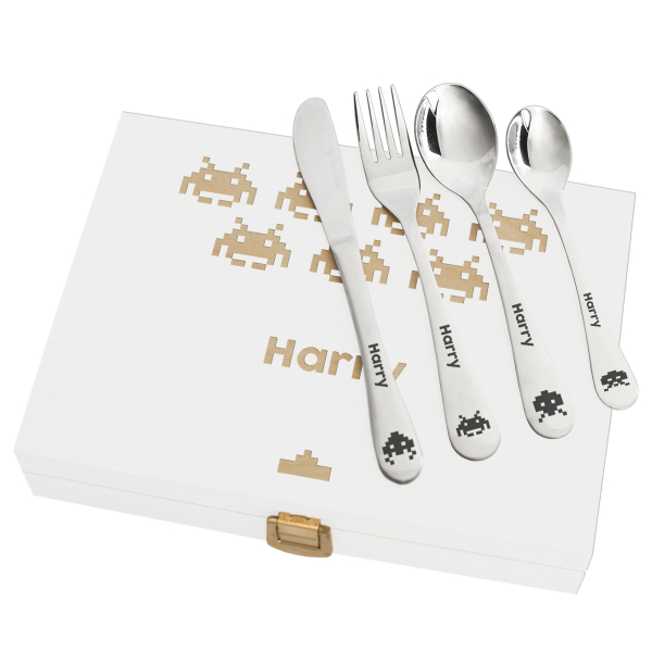 Personalized children's cutlery with wooden box invaders