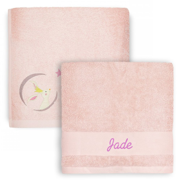 Personalized children's towel 70 x 140 cm  Pink Bunny