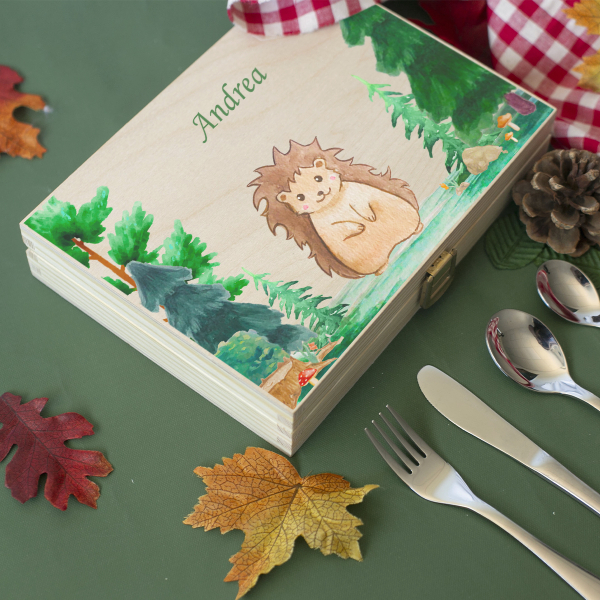 Personalized cutlery set with printed wooden box forest