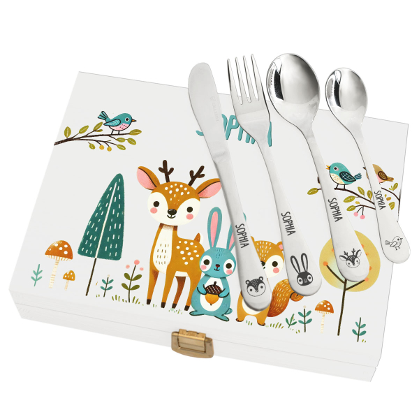 Children's cutlery with printed wooden box enchanted forest