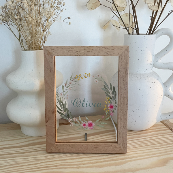 Personalized LED frame with flower wreath