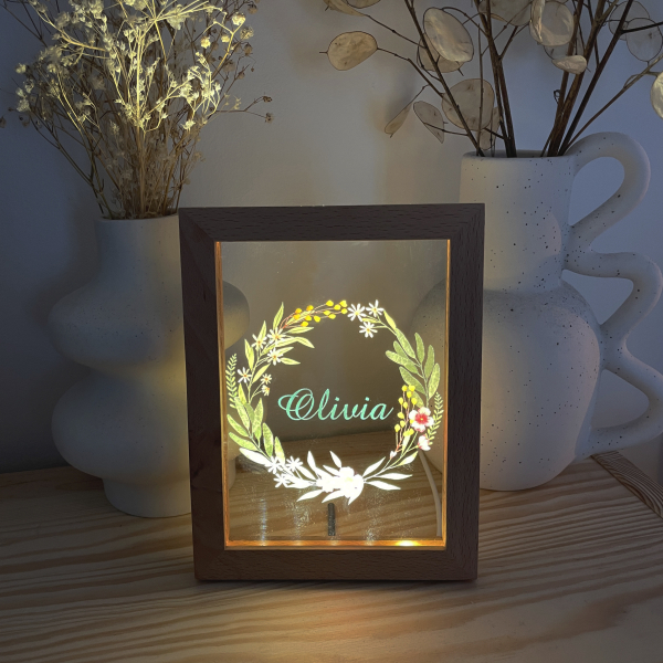 Personalized LED frame with flower wreath