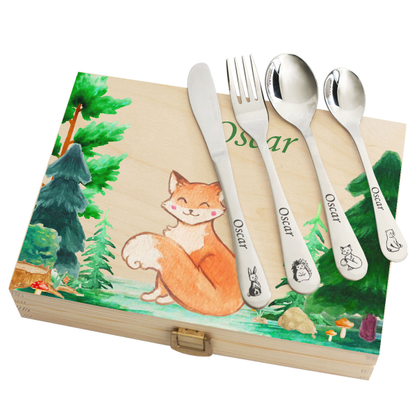 Personalized cutlery set with printed wooden box forest