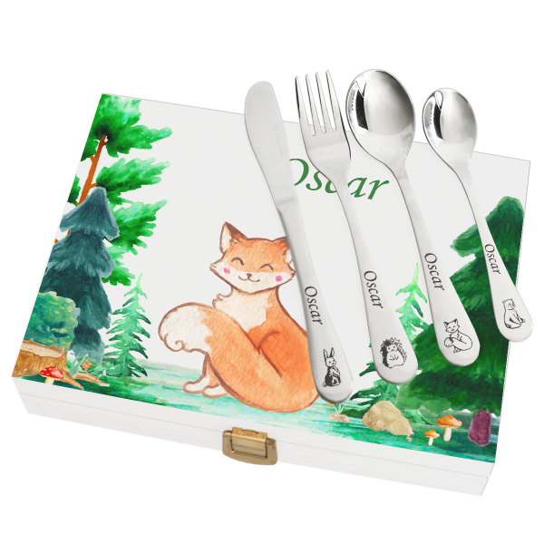 Personalized cutlery set with printed wooden box forest