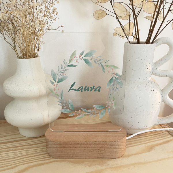 Personalized night light with name in flower wreath 