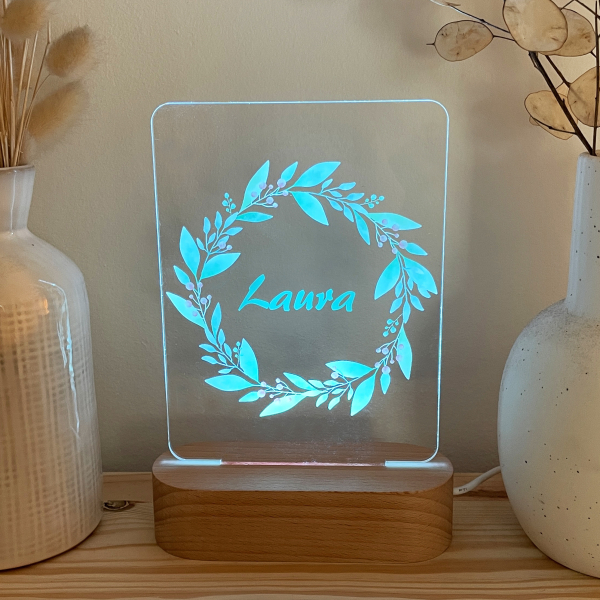 Personalized night light with name in flower wreath 