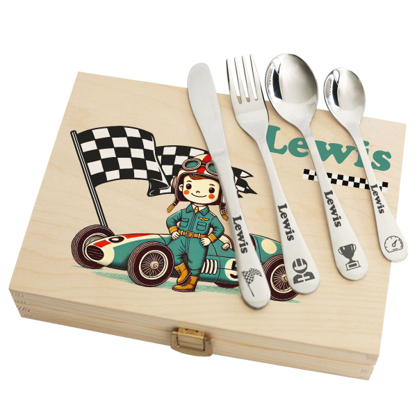 Cutlery in printed wooden box  Formula 1 Driver