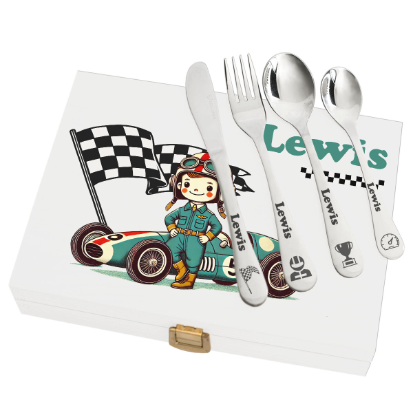 Cutlery in printed wooden box  Formula 1 Driver