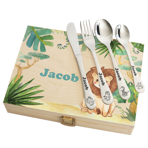 Personalized children's cutlery with printed wooden box savanna
