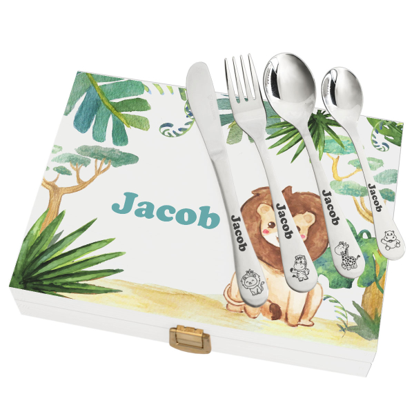 Personalized children's cutlery with printed wooden box savanna