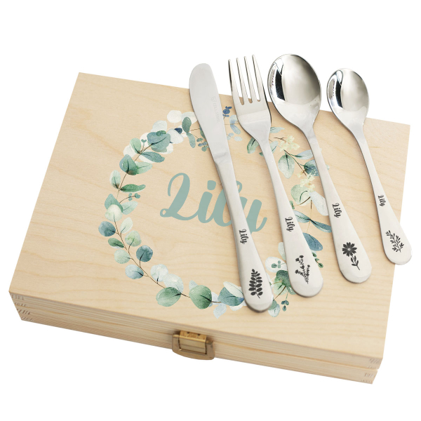 Box with plant pattern and its personalized cutlery