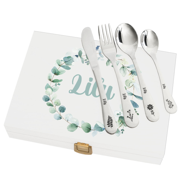 Box with plant pattern and its personalized cutlery