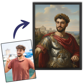 Portrait of a man transformed into historical figure