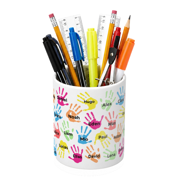 Children's hands pencil pot personalised with their names