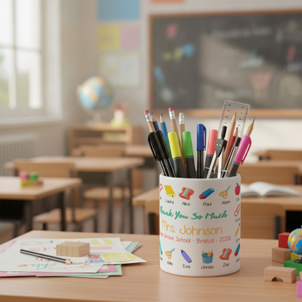 Personalised ceramic pencil pot Class Memories