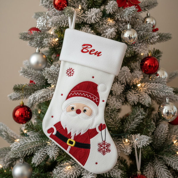 White Christmas stocking embroidered with a name