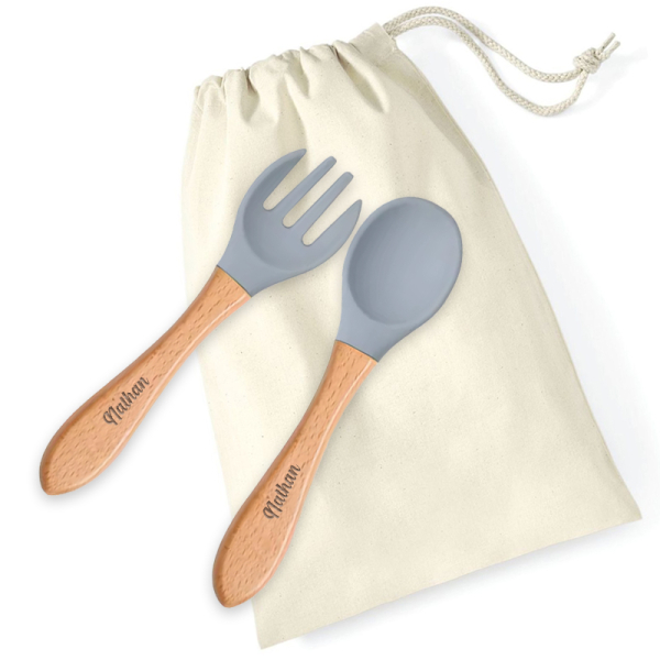 Wooden and silicone baby cutlery with name