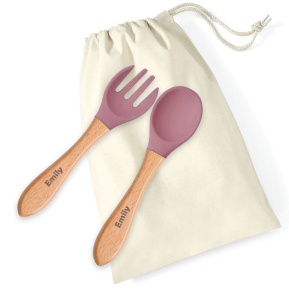 Wooden and silicone baby cutlery with name