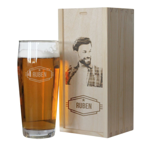 Personalised beer glass with name and photo box